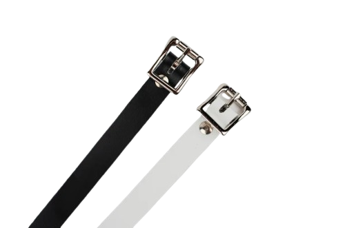 A photo of the Nash Goalie Pad Leg Straps, one black and one white.