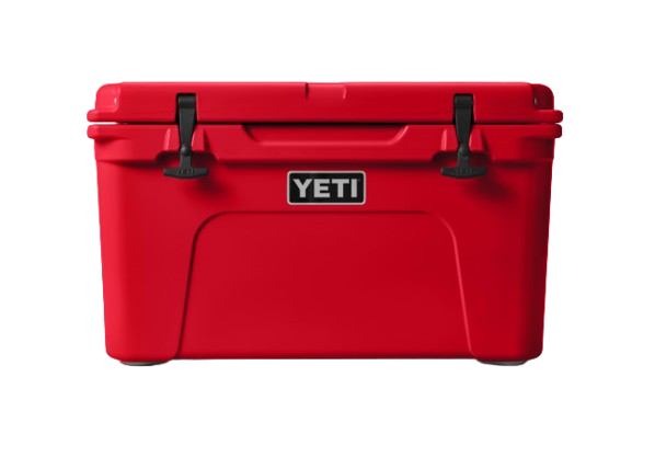 A photo of the Yeti Tundra 45 Hard Cooler in colour Rescue Red, front, closed view.