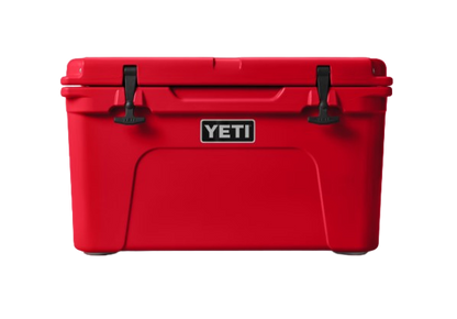 A photo of the Yeti Tundra 45 Hard Cooler in colour Rescue Red, front, closed view.