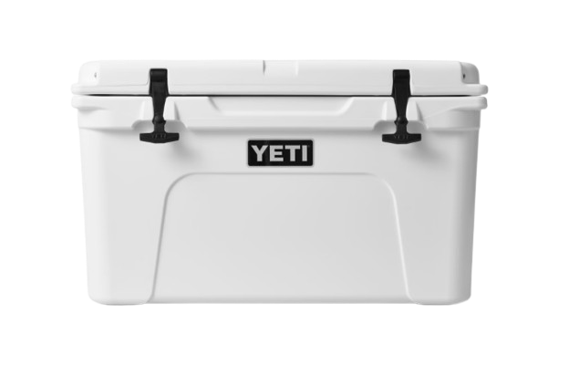 A photo of the Yeti Tundra 45 Hard Cooler in colour white, front, closed view.