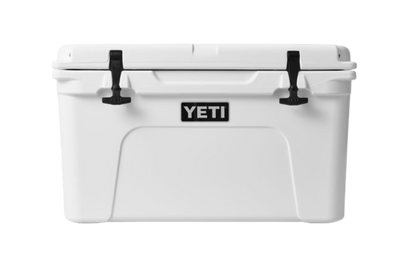 A photo of the Yeti Tundra 45 Hard Cooler in colour white, front, closed view.