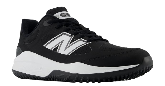 A photo of the New Balance Fresh Foam 3000 V7 Mens Turf-Trainer in colour black and white with black sole (SK). Angled view.