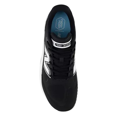 A photo of the New Balance Fresh Foam 3000 V7 Mens Turf-Trainer in colour black and white with black sole (SK). Top down view.