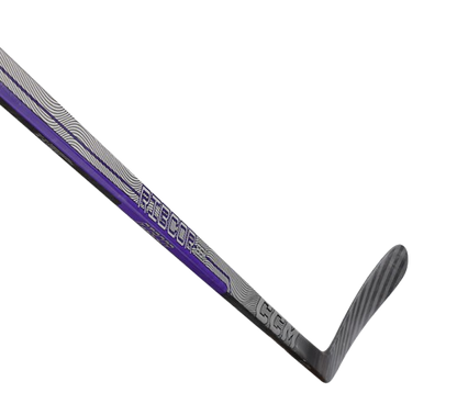 A photo of the CCM Ribcor 86K Hockey Stick in colour silver, black and purple. Side view. 