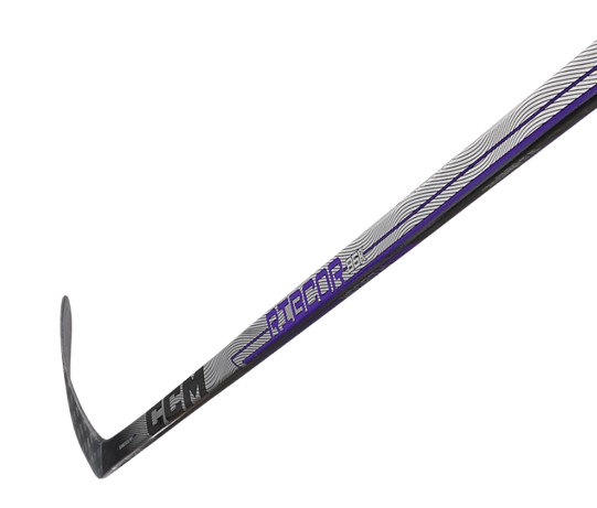 A photo of the CCM Ribcor 86K Hockey Stick in colour silver, black and purple. Side view. 