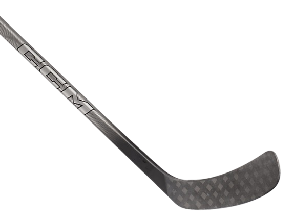 A photo of the CCM Ribcor 86K Hockey Stick in colour silver, black and purple. Blade view. 