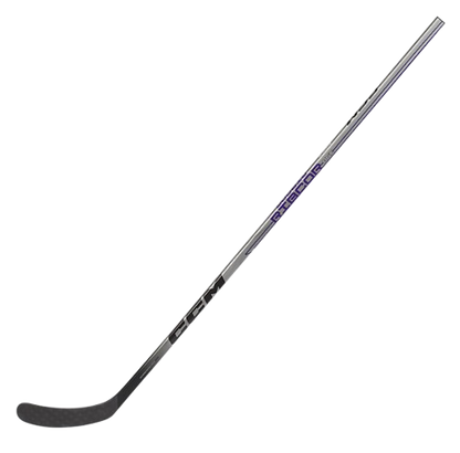 A photo of the CCM Ribcor 86K Hockey Stick in colour silver, black and purple. Angled view. 