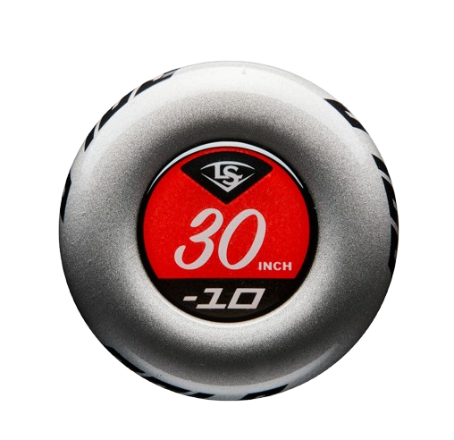 A photo of the Louisville Slugger Solo (-10) 2 3/4" USSSA Baseball Bat in colour black and white. knob end view.