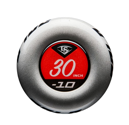 A photo of the Louisville Slugger Solo (-10) 2 3/4" USSSA Baseball Bat in colour black and white. knob end view.