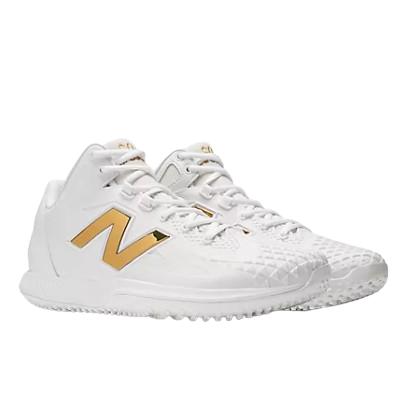 A photo of the New Balance FuelCell Ohtani 1 Trainer Baseball Shoes in colour white and gold. Angled view.