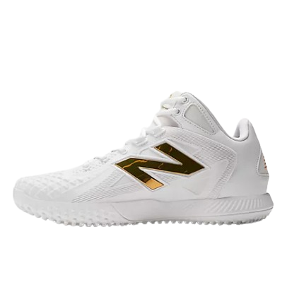 A photo of the New Balance FuelCell Ohtani 1 Trainer Baseball Shoes in colour white and gold. Side view.