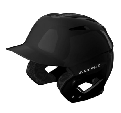 A photo of the EvoShield XVT 2.0 Gloss Batting Helmet in colour black. Side view.