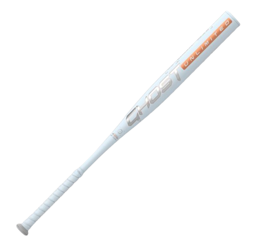A photo of the 2025 Easton Ghost Unlimited -10 Fastpitch Softball Bat in colour white and orange. Ghost logo view.
