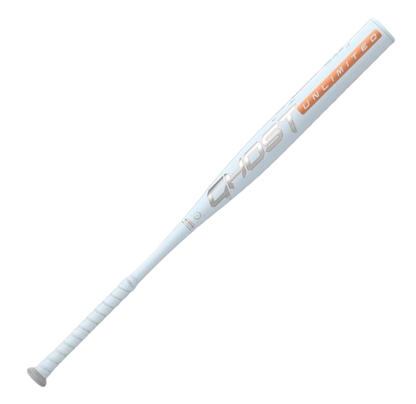 A photo of the 2025 Easton Ghost Unlimited -10 Fastpitch Softball Bat in colour white and orange. Ghost logo view.