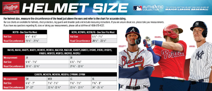 A photo of the Rawlings MACH Wire Guard/Cage helmet sizing chart.