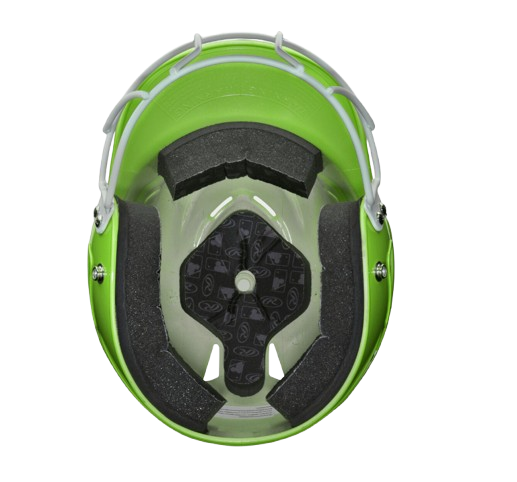 A photo of the Rawlings Coolflo Highlighter Baseball Batting Helmet in colour neon green. Inside view.