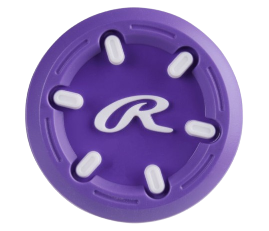 A photo of the Rawlings Eclipse Fastpitch (-12) Softball Bat in colour purple and blue. End cap view showing the Rawlings R logo.
