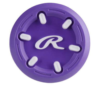 A photo of the Rawlings Eclipse Fastpitch (-12) Softball Bat in colour purple and blue. End cap view showing the Rawlings R logo.