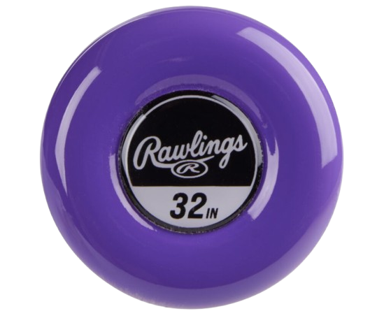 A photo of the Rawlings Eclipse Fastpitch (-12) Softball Bat in colour purple and blue. End cap view showing 32 inch and Rawlings logo.
