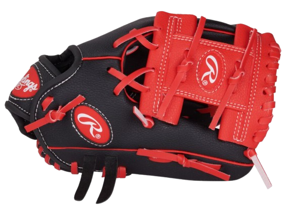 A photo of the Rawlings Players Series 10" Youth Glove in colour black and red. Side of glove view.
