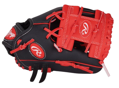 A photo of the Rawlings Players Series 10" Youth Glove in colour black and red. Side of glove view.