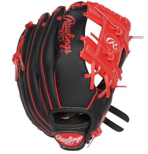 A photo of the Rawlings Players Series 10" Youth Glove in colour black and red. Back of glove view.