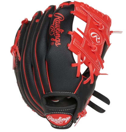 A photo of the Rawlings Players Series 10" Youth Glove in colour black and red. Back of glove view.