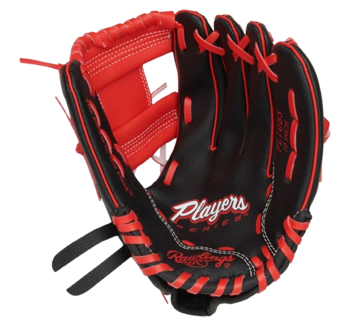 A photo of the Rawlings Players Series 10" Youth Glove in colour black and red. palm of glove view.