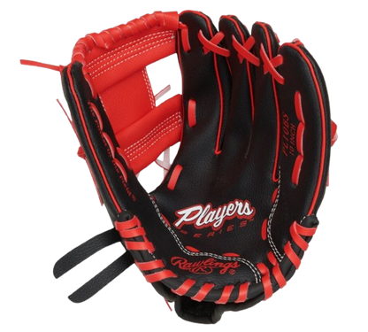 A photo of the Rawlings Players Series 10" Youth Glove in colour black and red. palm of glove view.