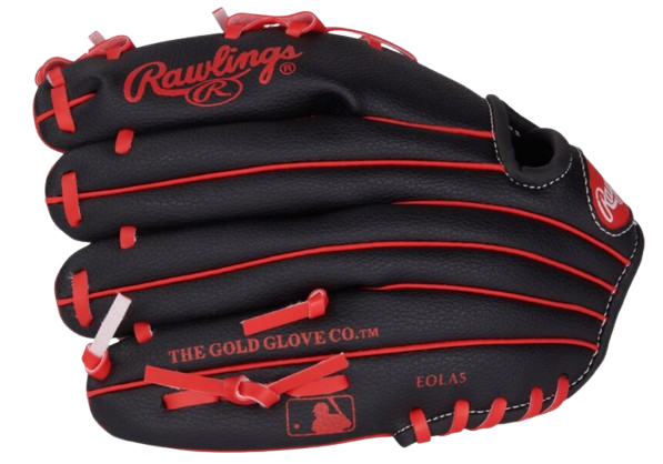 A photo of the Rawlings Players Series 10" Youth Glove in colour black and red. Side of glove view.