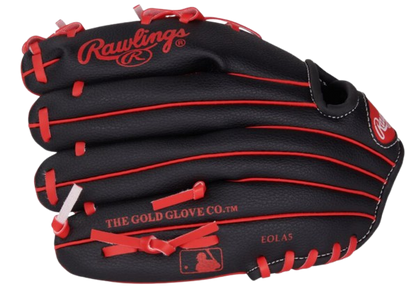 A photo of the Rawlings Players Series 10" Youth Glove in colour black and red. Side of glove view.