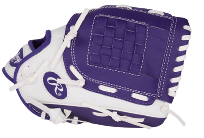 A photo of the Rawlings Players Series 10" Youth Glove in colour purple and white. Side of glove view.