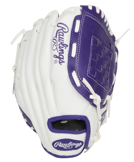A photo of the Rawlings Players Series 10" Youth Glove in colour purple and white. Back of glove view.