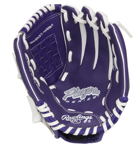 A photo of the Rawlings Players Series 10" Youth Glove in colour purple and white. Palm of glove view.