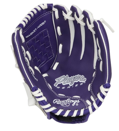 A photo of the Rawlings Players Series 10" Youth Glove in colour purple and white. Palm of glove view.
