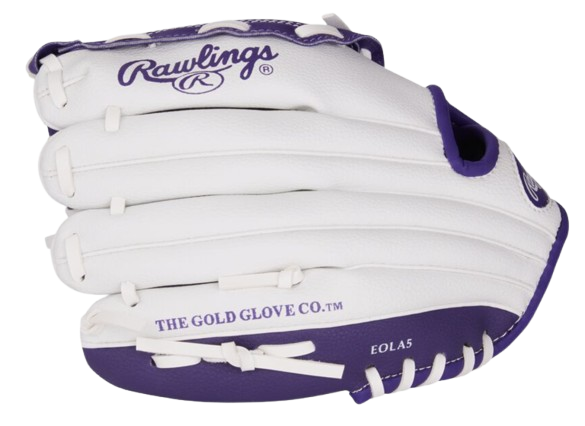 A photo of the Rawlings Players Series 10" Youth Glove in colour purple and white. Side of glove view.