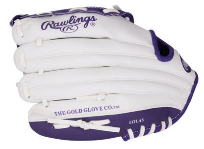 A photo of the Rawlings Players Series 10" Youth Glove in colour purple and white. Side of glove view.