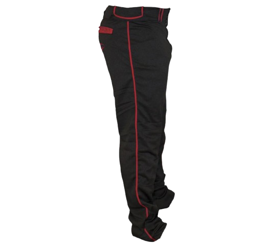 A photo of the Louisville Slugger Men's Stock Pant with Pipping in black and red. Side view.