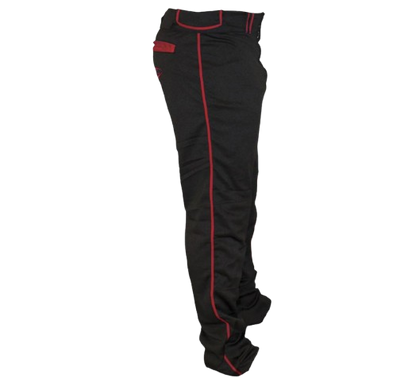 A photo of the Louisville Slugger Men's Stock Pant with Pipping in black and red. Side view.