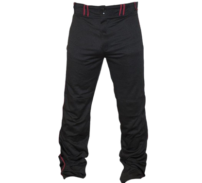 A photo of the Louisville Slugger Men's Stock Pant with Pipping in black and red. Front view.
