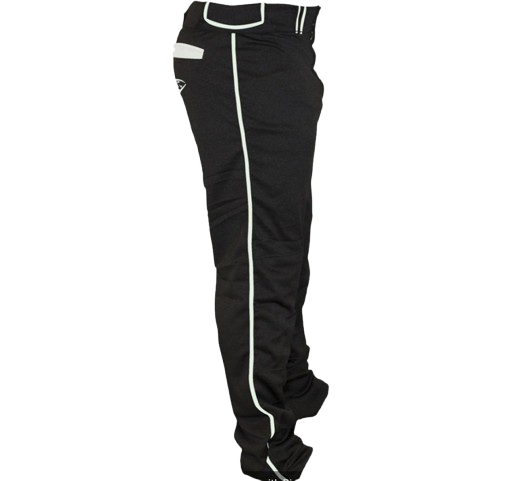 A photo of the Louisville Slugger Men's Stock Pant with Pipping in black and white. Side view.