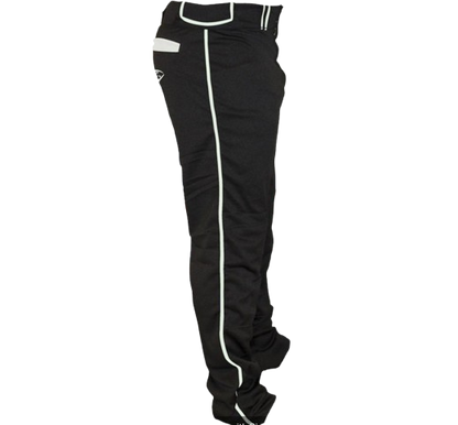 A photo of the Louisville Slugger Men's Stock Pant with Pipping in black and white. Side view.