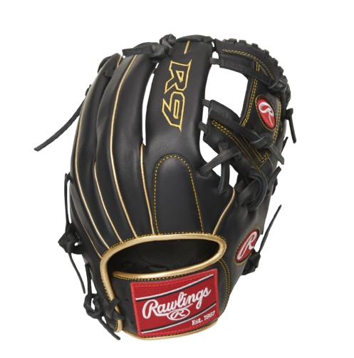 A photo of the Rawlings R9 Series 11.5" 200-Pattern Infield Glove in colour black and gold. Backhand view.