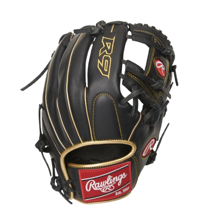 A photo of the Rawlings R9 Series 11.5" 200-Pattern Infield Glove in colour black and gold. Backhand view.