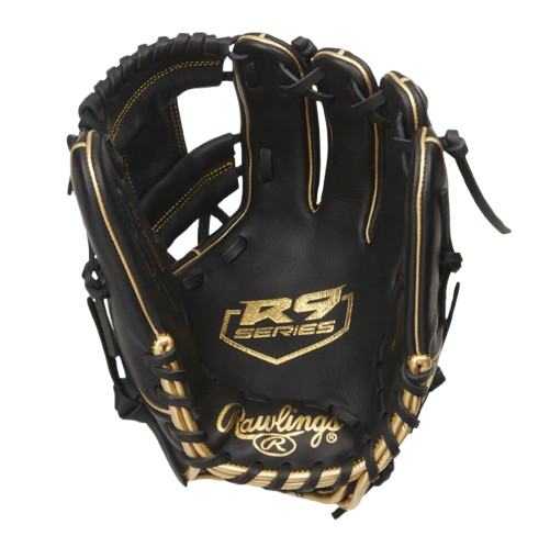 A photo of the Rawlings R9 Series 11.5" 200-Pattern Infield Glove in colour black and gold. Palm view.
