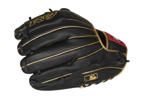 A photo of the Rawlings R9 Series 11.5" 200-Pattern Infield Glove in colour black and gold. Side view.
