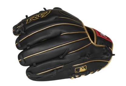 A photo of the Rawlings R9 Series 11.5" 200-Pattern Infield Glove in colour black and gold. Side view.