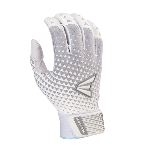 A photo of the Easton Ghost NX Fastpitch Batting Gloves in colour white and silver. Rear view.