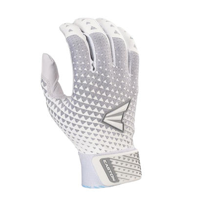 A photo of the Easton Ghost NX Fastpitch Batting Gloves in colour white and silver. Rear view.