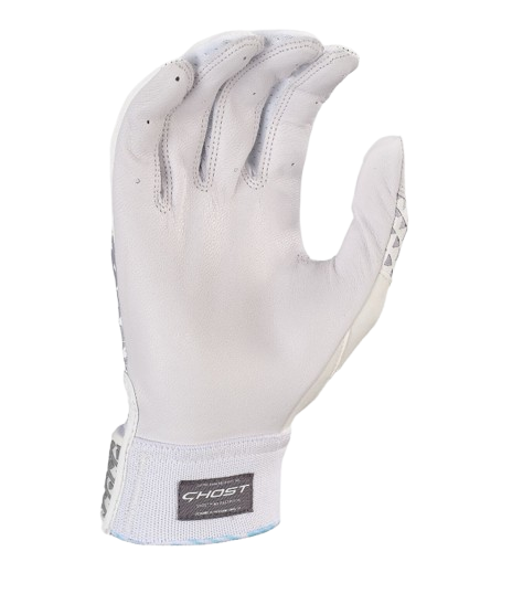 A photo of the Easton Ghost NX Fastpitch Batting Gloves in colour white and silver. Palm view.